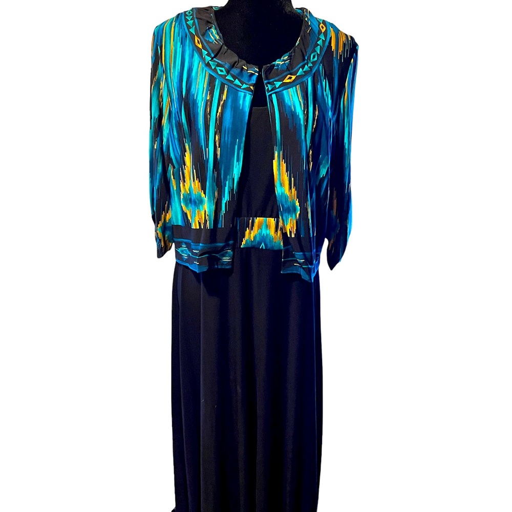Black Sleeveless Dress with Teal/Blue/Black/Gold Waist & Matching Jacket.Size=14